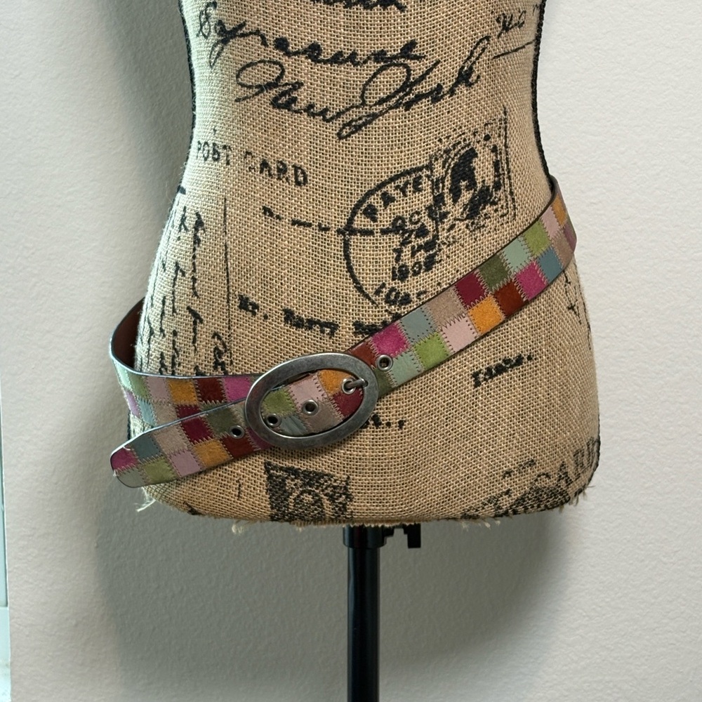 Vintage Fossil pastel & bright multicolor patchwork leather/suede belt Sz Medium - Picture 13 of 16
